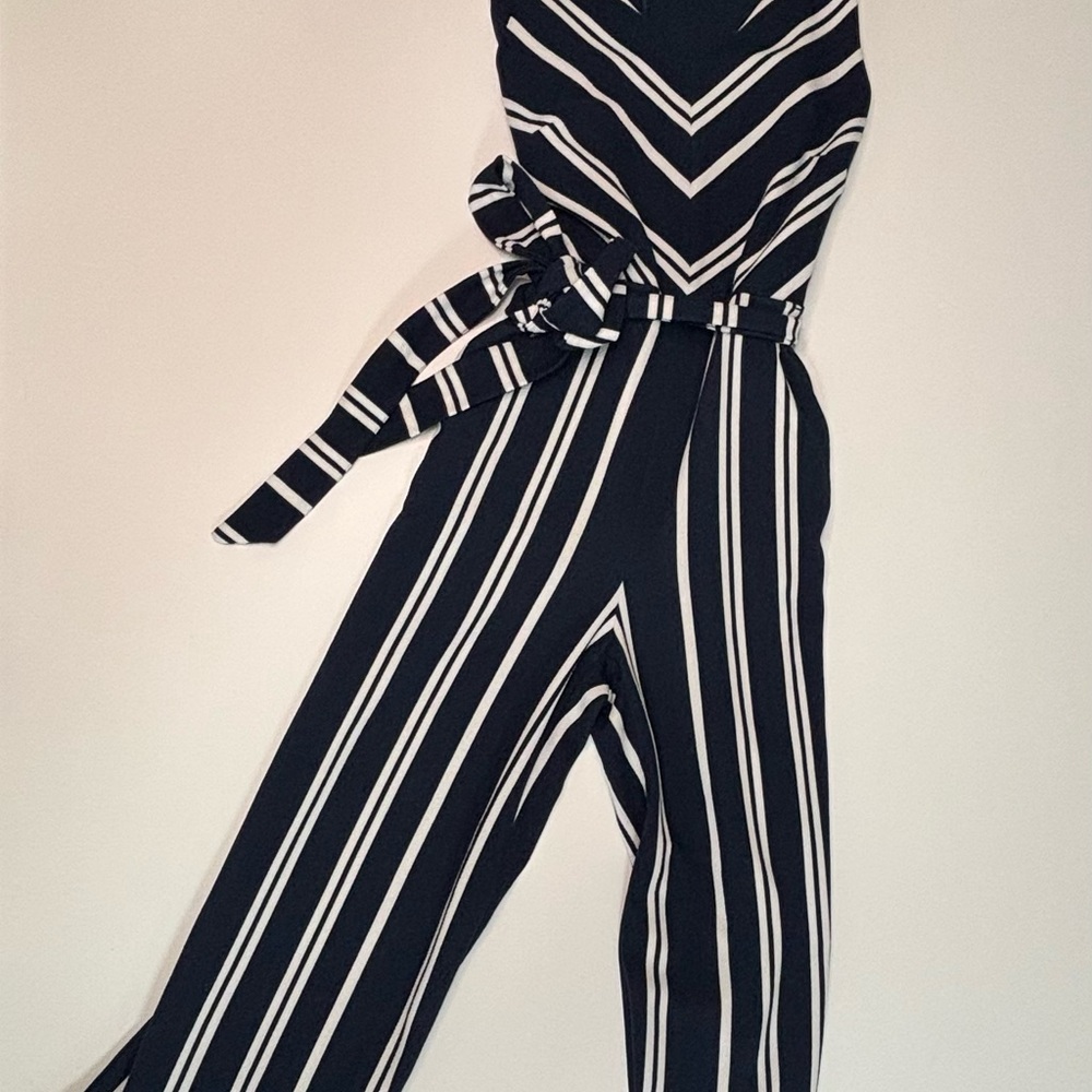 Navy Striped Ann Taylor Wide Leg Jumpsuit - Picture 2 of 6